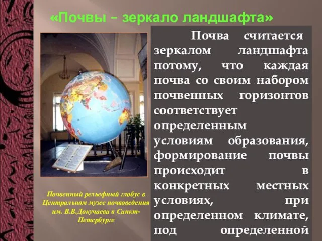 «Почвы – зеркало ландшафта» Почвенный рельефный глобус в Центральном музее почвоведения им.