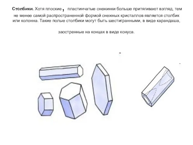 Столбики. Хотя плоские, пластинчатые снежинки больше притягивают взгляд, тем не менее самой