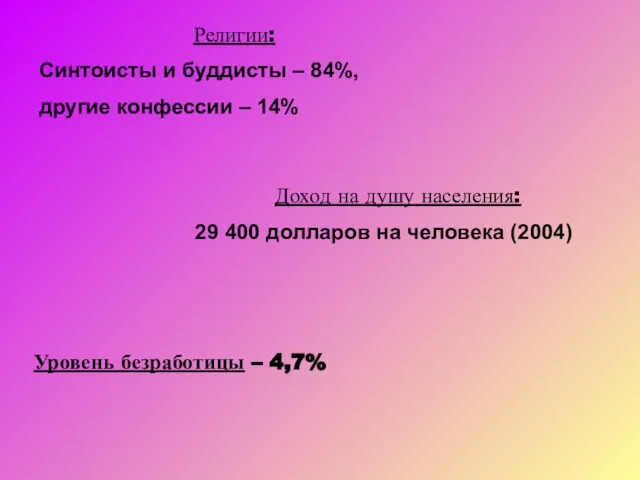 Религии: Синтоисты и буддисты – 84%, другие конфессии – 14% Доход на