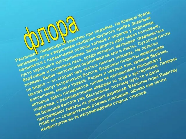 Различия в ландшафтах заметны при подъёме. На Южном Урале, например, путь к