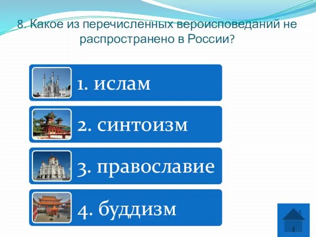 8. Какое из перечисленных вероисповеданий не распространено в России?