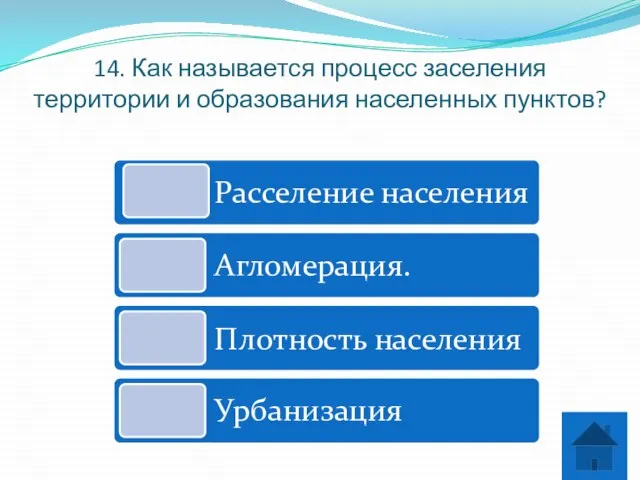 14. Как называется процесс заселения территории и образования населенных пунктов?