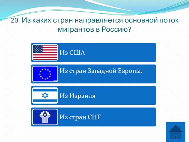 20. Из каких стран направляется основной поток мигрантов в Россию?