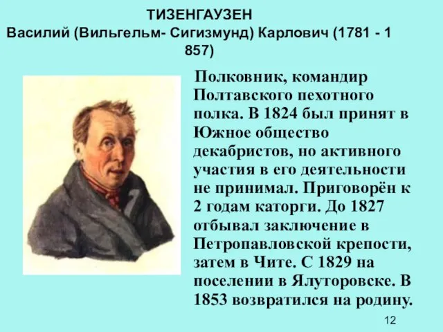 ТИЗЕНГАУЗЕН Василий (Вильгельм- Сигизмунд) Карлович (1781 - 1857) Полковник, командир Полтавского пехотного
