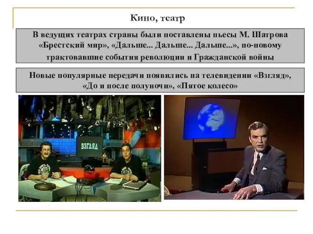 Кино, театр В ведущих театрах страны были поставлены пьесы М. Шатрова «Брестский