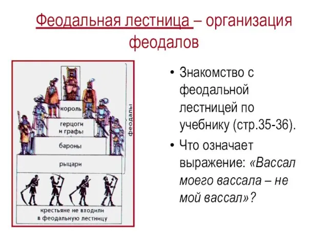 Феодальная лестница – организация феодалов Знакомство с феодальной лестницей по учебнику (стр.35-36).