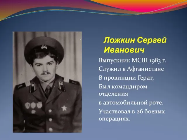 Ложкин Сергей Иванович Выпускник МСШ 1983 г. Служил в Афганистане В провинции