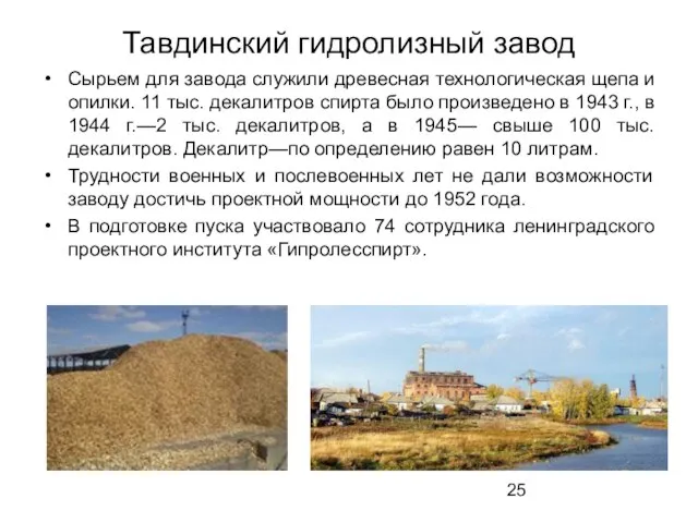Тавдинский гидролизный завод Сырьем для завода служили древесная технологическая щепа и опилки.