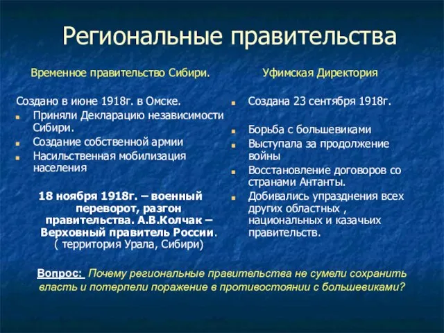 Региональные правительства Временное правительство Сибири. Создано в июне 1918г. в Омске. Приняли