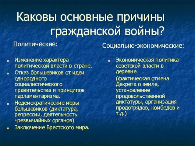 Каковы основные причины гражданской войны? Изменение характера политической власти в стране. Отказ