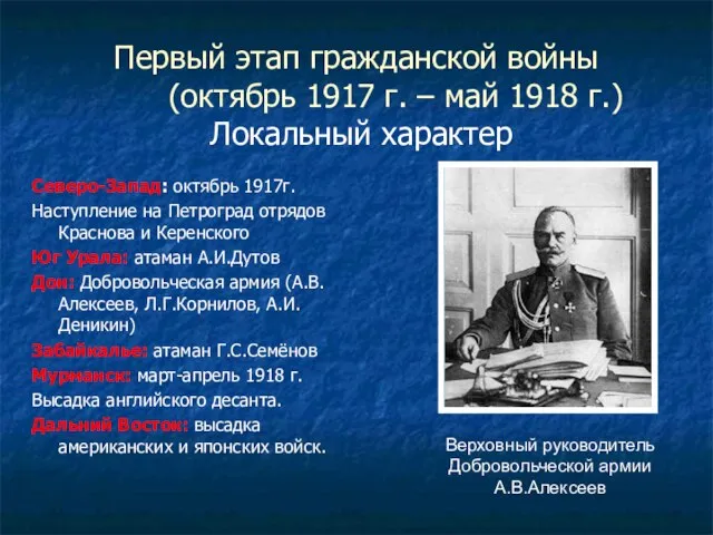 Первый этап гражданской войны (октябрь 1917 г. – май 1918 г.) Локальный