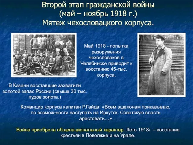 Второй этап гражданской войны (май – ноябрь 1918 г.) Мятеж чехословацкого корпуса.