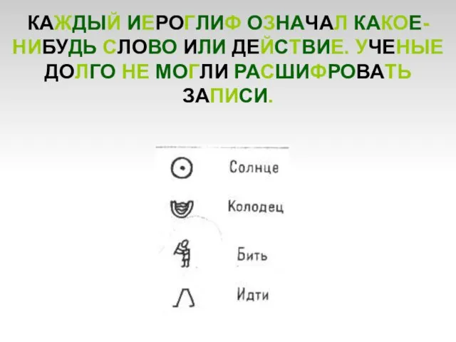 КАЖДЫЙ ИЕРОГЛИФ ОЗНАЧАЛ КАКОЕ-НИБУДЬ СЛОВО ИЛИ ДЕЙСТВИЕ. УЧЕНЫЕ ДОЛГО НЕ МОГЛИ РАСШИФРОВАТЬ ЗАПИСИ.