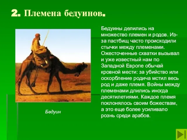 2. Племена бедуинов. Бедуины делились на множество племен и родов. Из-за пастбищ