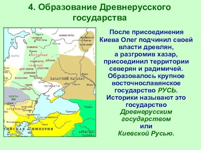 4. Образование Древнерусского государства После присоединения Киева Олег подчинил своей власти древлян,