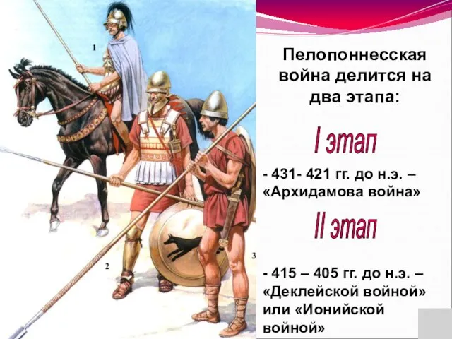 Пелопоннесская война делится на два этапа: I этап II этап - 431-