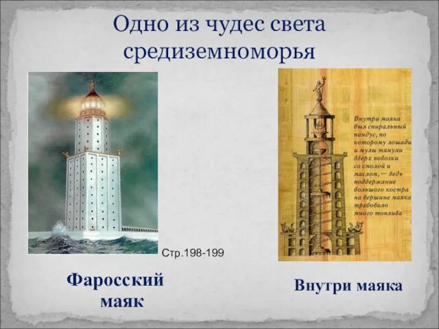 Одно из чудес света средиземноморья Фаросский маяк Внутри маяка Стр.198-199