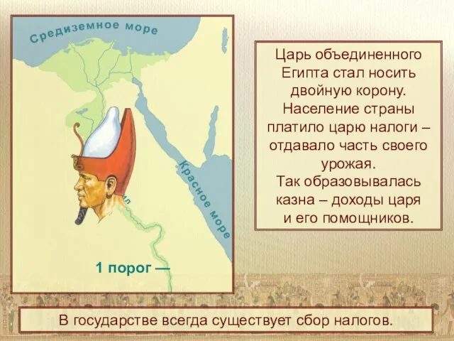 1 порог — Царь объединенного Египта стал носить двойную корону. Население страны