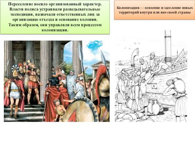 Переселение носило организованный характер. Власти полиса устраивали разведывательные экспедиции, назначали ответственных лиц