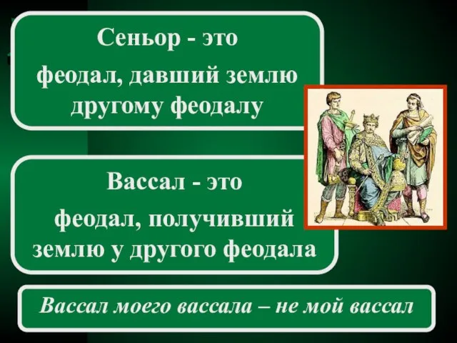 Сеньор - это феодал, давший землю другому феодалу Вассал - это феодал,