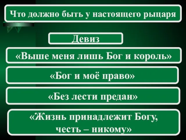 Девиз «Выше меня лишь Бог и король» «Без лести предан» «Бог и