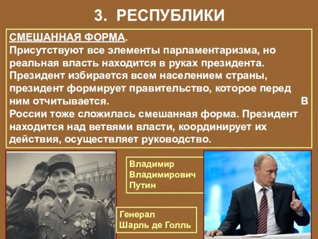 3. РЕСПУБЛИКИ СМЕШАННАЯ ФОРМА. Присутствуют все элементы парламентаризма, но реальная власть находится