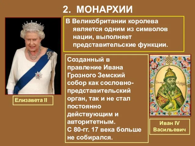2. МОНАРХИИ В Великобритании королева является одним из символов нации, выполняет представительские