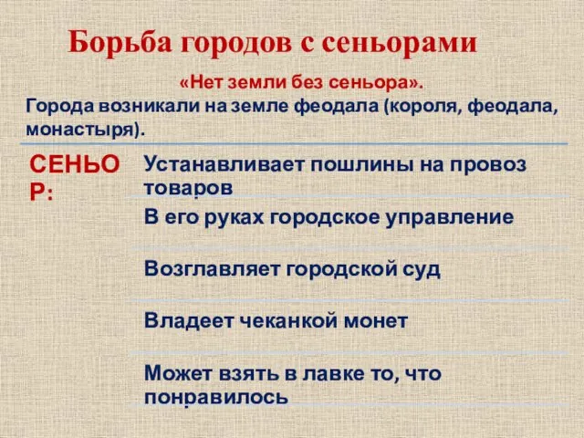 Борьба городов с сеньорами «Нет земли без сеньора». Города возникали на земле феодала (короля, феодала, монастыря).