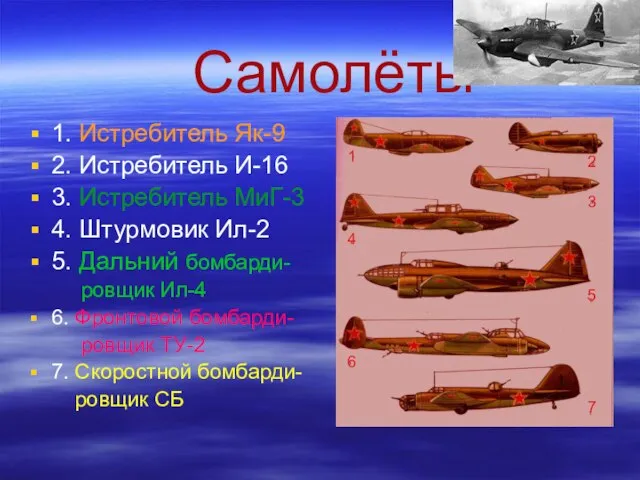 Самолёты 1. Истребитель Як-9 2. Истребитель И-16 3. Истребитель МиГ-3 4. Штурмовик