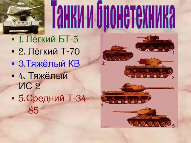 1 1. Лёгкий БТ-5 2. Лёгкий Т-70 3.Тяжёлый КВ 4. Тяжёлый ИС-2