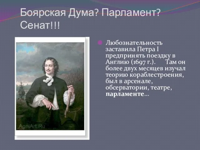 Боярская Дума? Парламент? Сенат!!! Любознательность заставила Петра I предпринять поездку в Англию