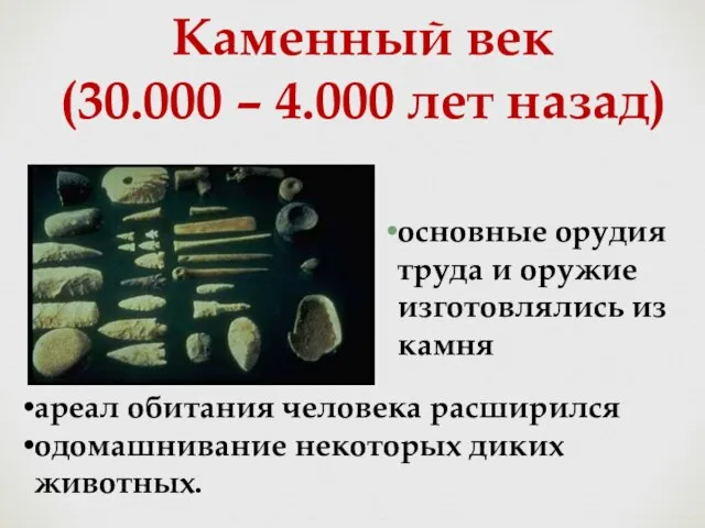 Каменный век (30.000 – 4.000 лет назад) основные орудия труда и оружие