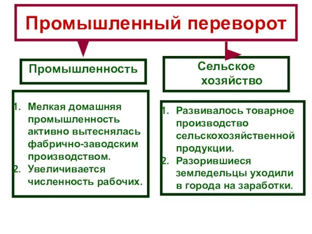 Промышленный переворот Промышленность Сельское хозяйство Мелкая домашняя промышленность активно вытеснялась фабрично-заводским производством.