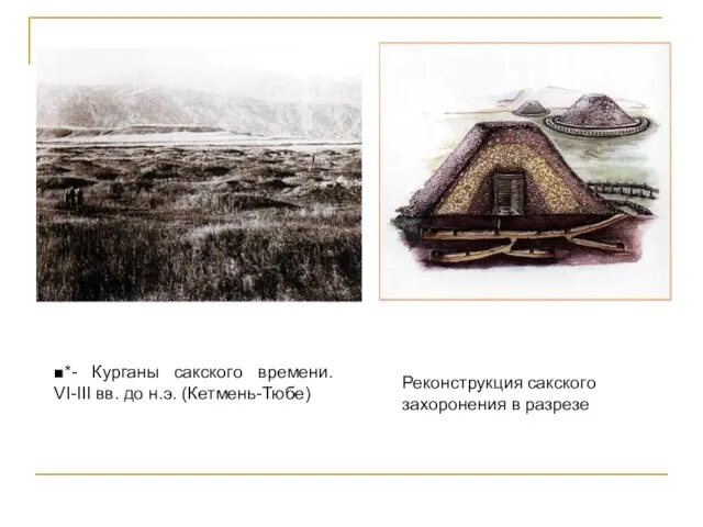 ■*- Курганы сакского времени. VI-III вв. до н.э. (Кетмень-Тюбе) Реконструкция сакского захоронения в разрезе