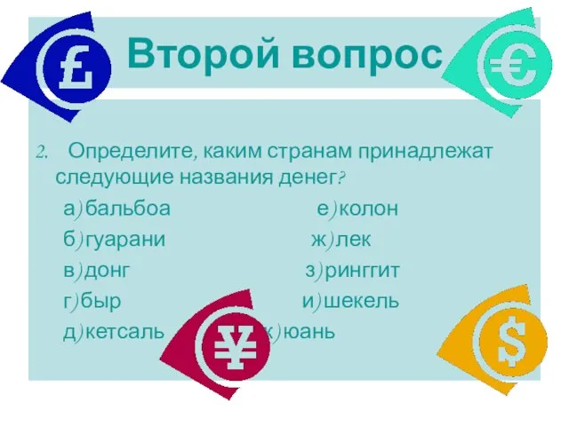 Второй вопрос 2. Определите, каким странам принадлежат следующие названия денег? а) бальбоа