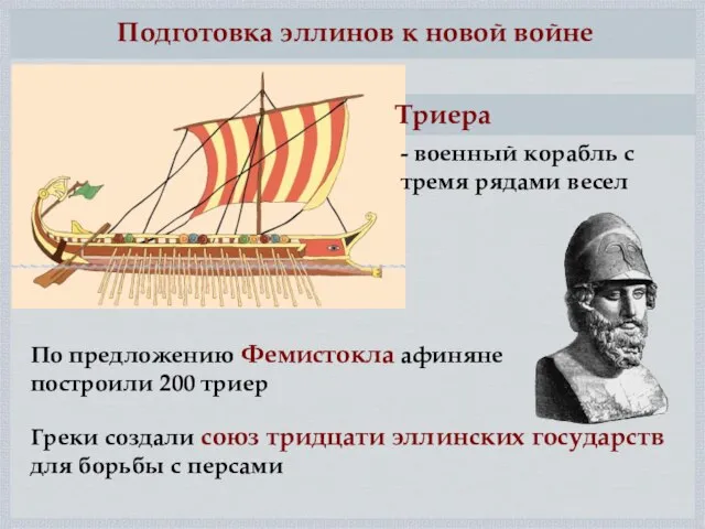 Подготовка эллинов к новой войне По предложению Фемистокла афиняне построили 200 триер