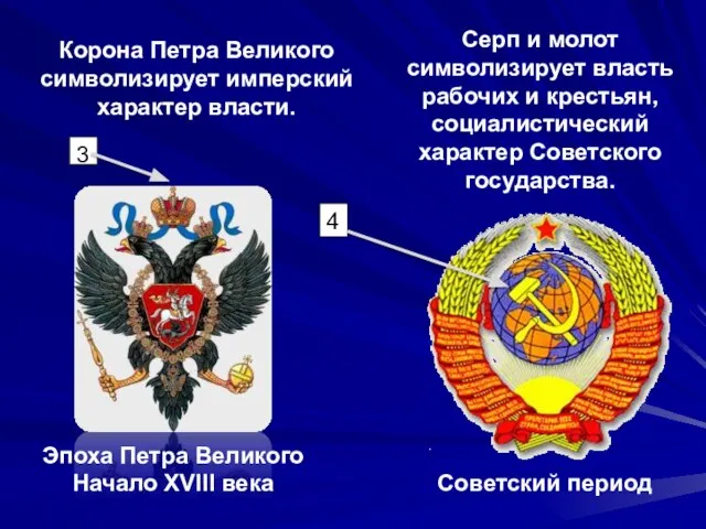Корона Петра Великого символизирует имперский характер власти. 3 4 Серп и молот