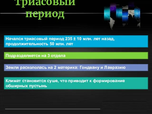 Триасовый период Начался триасовый период 235 ± 10 млн. лет назад, продолжительность