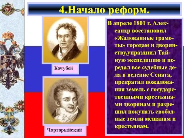 В апреле 1801 г. Алек-сандр восстановил «Жалованные грамо-ты» городам и дворян-ству,упразднил Тай-ную