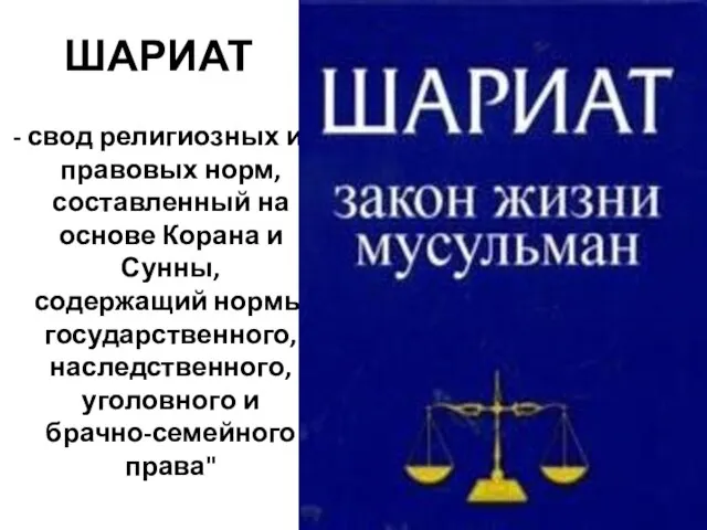 ШАРИАТ - свод религиозных и правовых норм, составленный на основе Корана и