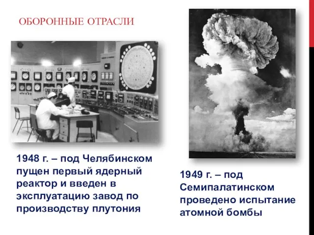 Оборонные отрасли 1948 г. – под Челябинском пущен первый ядерный реактор и