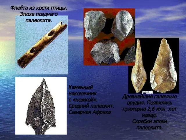 . Древнейшие галечные орудия. Появились примерно 2,6 млн лет назад. Скребки эпохи
