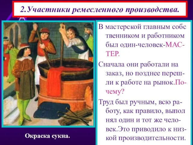 2.Участники ремесленного производства. В мастерской главным собс твенником и работником был один-человек-МАС-