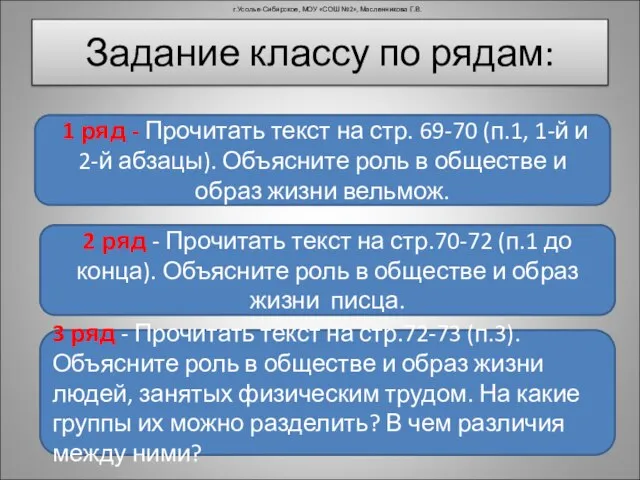 Задание классу по рядам: 1 ряд - Прочитать текст на стр. 69-70