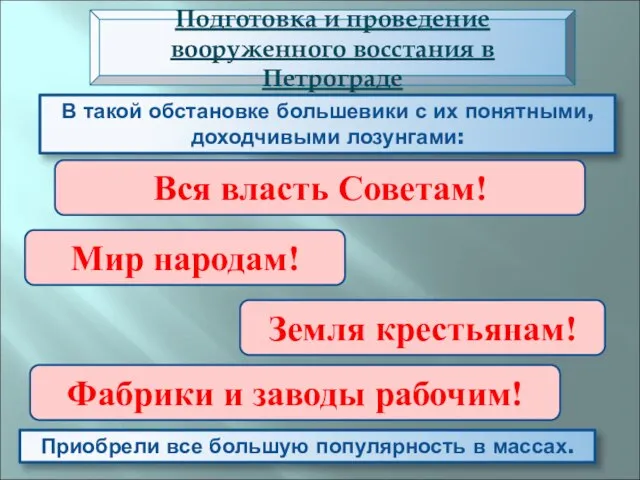 В такой обстановке большевики с их понятными, доходчивыми лозунгами: Подготовка и проведение