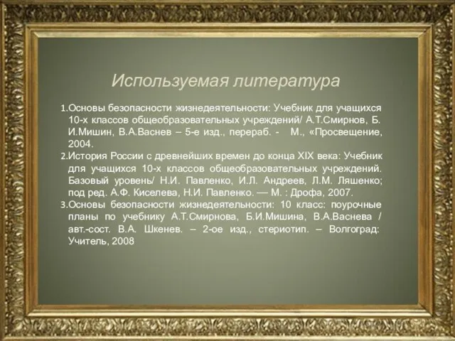 Используемая литература Основы безопасности жизнедеятельности: Учебник для учащихся 10-х классов общеобразовательных учреждений/