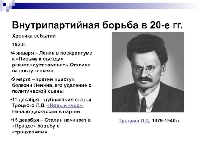 Внутрипартийная борьба в 20-е гг. Хроника событий 1923г. 4 января – Ленин