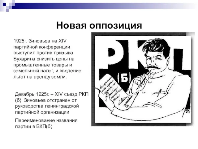 Новая оппозиция 1925г. Зиновьев на XIV партийной конференции выступил против призыва Бухарина