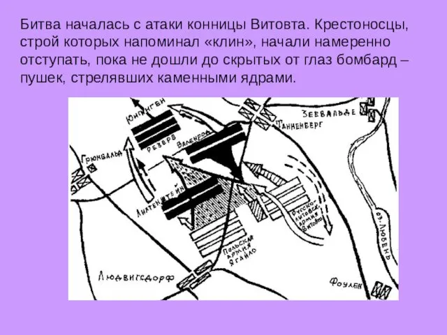 Битва началась с атаки конницы Витовта. Крестоносцы, строй которых напоминал «клин», начали