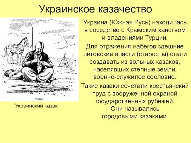 Украинское казачество Украина (Южная Русь) находилась в соседстве с Крымским ханством и